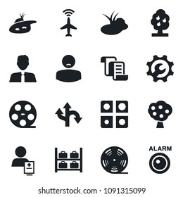 Set of vector isolated black icon - plane radar vector, luggage storage, contract, pond, patient, route, reel, application, root setup, fruit tree, estate agent, alarm led