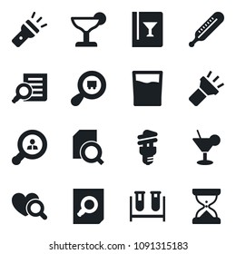Set of vector isolated black icon - document search vector, blood test vial, thermometer, heart diagnostic, cargo, torch, client, wine card, drink, cocktail, energy saving bulb, sand clock