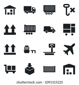 Set of vector isolated black icon - plane vector, truck trailer, cargo container, car delivery, sea port, consolidated, up side sign, no hook, warehouse, package, heavy scales