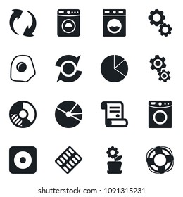 Set of vector isolated black icon - washer vector, circle chart, contract, pills blister, rec button, update, pie graph, flower in pot, omelette, gear, crisis management