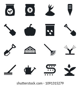 Set of vector isolated black icon - job vector, shovel, rake, watering can, sproute, plant label, pumpkin, greenhouse, seeds, fertilizer, drip irrigation
