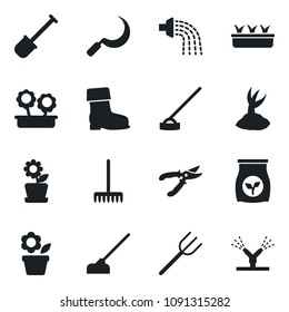 Set of vector isolated black icon - flower in pot vector, shovel, farm fork, rake, watering, sproute, pruner, boot, seedling, hoe, sickle, fertilizer, irrigation
