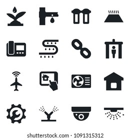 Set of vector isolated black icon - plane radar vector, security gate, drip irrigation, chain, root setup, smart home, air conditioner, intercome, control app, water filter, warm floor, surveillance