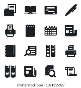 Set of vector isolated black icon - book vector, document search, pen, notepad, calendar, printer, folder, news, schedule, contract