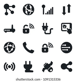 Set of vector isolated black icon - satellite vector, network, call, data exchange, cellular signal, power plug, wireless lock, router, home control app, social media