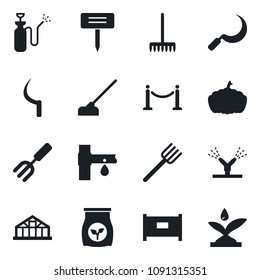 Set of vector isolated black icon - fence vector, garden fork, farm, rake, hoe, sickle, plant label, pumpkin, greenhouse, sprayer, fertilizer, drip irrigation