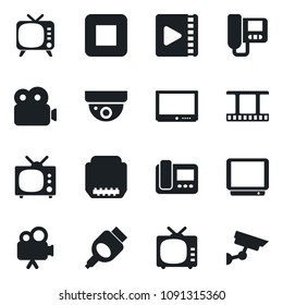 Set of vector isolated black icon - film frame vector, tv, video camera, stop button, hdmi, intercome, surveillance