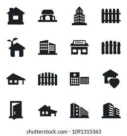 Set of vector isolated black icon - fence vector, house, hospital, store, office building, with garage, sweet home, cafe, eco, door