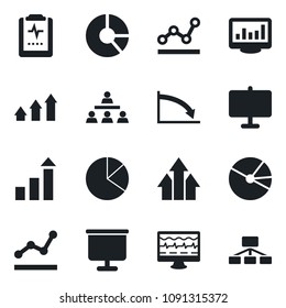 Set of vector isolated black icon - growth statistic vector, circle chart, monitor pulse, clipboard, statistics, presentation board, pie graph, point, hierarchy, arrow up, crisis