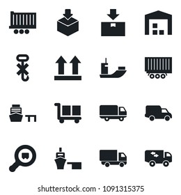 Set of vector isolated black icon - sea shipping vector, truck trailer, car delivery, port, cargo, up side sign, no hook, package, search, warehouse, moving