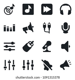 Set of vector isolated black icon - microphone vector, loudspeaker, settings, equalizer, headphones, fast forward, rca, tuning, mute, music, sound, advertising