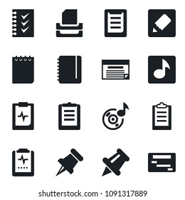 Set of vector isolated black icon - notepad vector, pulse clipboard, paper pin, notes, music, checklist, tray, schedule