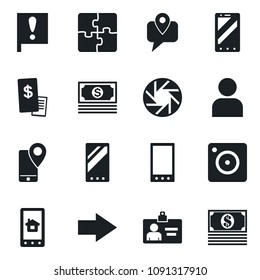 Set of vector isolated black icon - right arrow vector, mobile phone, identity card, important flag, cash, tracking, camera, user, application, restaurant receipt, home control app