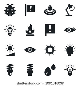 Set of vector isolated black icon - lady bug vector, fire, sun, eye, important flag, brightness, desk lamp, water, energy saving bulb, shining head, idea