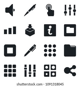 Set of vector isolated black icon - package vector, sorting, settings, touch screen, stop button, menu, folder, application, pen, sound, information, social media