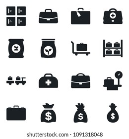 Set of vector isolated black icon - suitcase vector, baggage trolley, larry, luggage storage, scales, checkroom, case, money bag, fertilizer, doctor