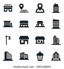 Set of vector isolated black icon - office building vector, garden light, navigation, store, city house, cafe, storefront