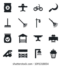 Set of vector isolated black icon - ladder car vector, rake, sickle, garden light, fertilizer, bike, table, restaurant, alcove, outdoor lamp
