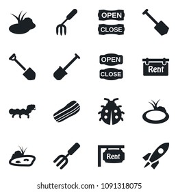 Set of vector isolated black icon - job vector, garden fork, shovel, lady bug, caterpillar, pond, rent, bacon, open close, rocket