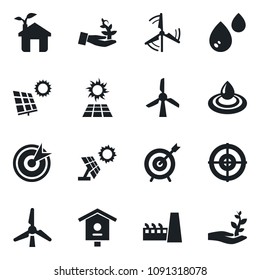 Set of vector isolated black icon - bird house vector, target, sun panel, windmill, factory, eco, water, palm sproute
