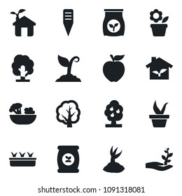 Set of vector isolated black icon - flower in pot vector, seedling, tree, sproute, plant label, fertilizer, fruit, salad, apple, eco house, palm