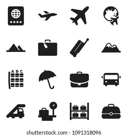 Set of vector isolated black icon - plane vector, suitcase, airport bus, umbrella, passport, ladder car, seat map, luggage storage, scales, globe, mountains, case