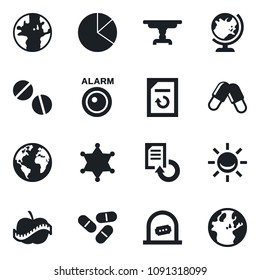 Set of vector isolated black icon - ticket office vector, globe, document reload, pills, diet, earth, pie graph, table, police, alarm led