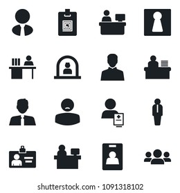 Set of vector isolated black icon - female vector, reception, manager, identity card, place, patient, user, desk, estate agent, group