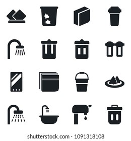 Set of vector isolated black icon - trash bin vector, shower, bucket, mobile, blank box, water supply, bathroom, serviette, filter