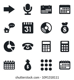 Set of vector isolated black icon - right arrow vector, calendar, circle chart, microphone, menu, calculator, phone, home message, money bag