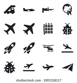 Set of vector isolated black icon - plane vector, departure, arrival, ladder car, boarding, helicopter, seat map, globe, lady bug, rocket, paper