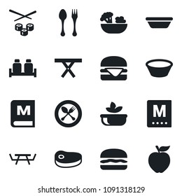 Set of vector isolated black icon - spoon and fork vector, picnic table, menu, salad, salt pepper, steak, hamburger, bowl, sushi, apple fruit