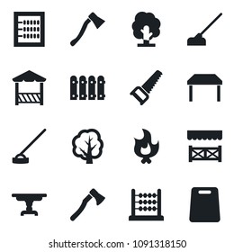 Set of vector isolated black icon - tree vector, saw, fire, hoe, axe, abacus, fence, table, alcove, cutting board