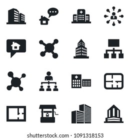 Set of vector isolated black icon - hierarchy vector, well, molecule, hospital, office building, plan, home message