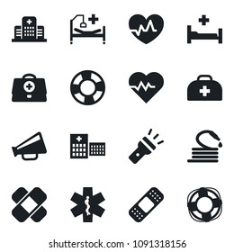 Set of vector isolated black icon - hose vector, heart pulse, doctor case, patch, ambulance star, hospital bed, loudspeaker, torch, crisis management