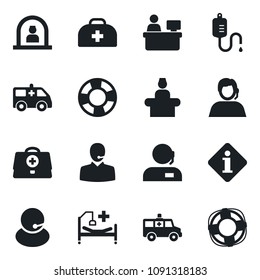 Set of vector isolated black icon - reception vector, manager place, doctor case, dropper, ambulance car, hospital bed, support, information, crisis management