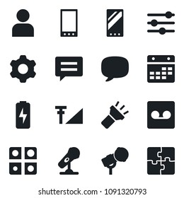 Set of vector isolated black icon - microphone vector, mobile, message, settings, tuning, user, record, calendar, torch, cellular signal, charge, application