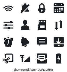 Set of vector isolated black icon - message vector, tuning, user, alarm, bell, mail, sd, calendar, data exchange, download, wireless, mute, cut, lock, cellular signal, charge