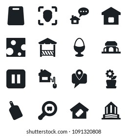 Set of vector isolated black icon - mobile tracking vector, search cargo, pause button, face id, smart home, flower in pot, egg stand, cafe building, alcove, cutting board, cheese, control, message