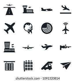 Set of vector isolated black icon - runway vector, plane radar, arrival, ladder car, boarding, seat map, flight table, globe, airport building, paper