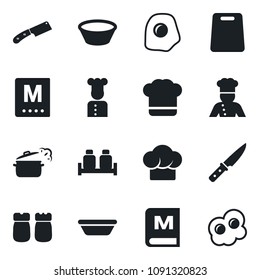 Set of vector isolated black icon - cook vector, hat, menu, salt and pepper, bowl, cutting board, knife, steaming pan, omelette