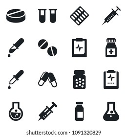 Set of vector isolated black icon - syringe vector, blood test vial, dropper, pills, bottle, blister, ampoule, pulse clipboard, flask