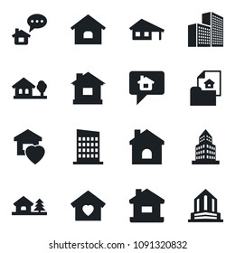 Set of vector isolated black icon - house vector, office building, with garage, tree, estate document, sweet home, city, message