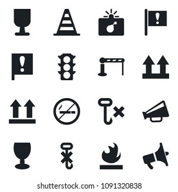 Set of vector isolated black icon - barrier vector, no smoking, bomb in case, border cone, important flag, traffic light, fragile, up side sign, hook, flammable, loudspeaker
