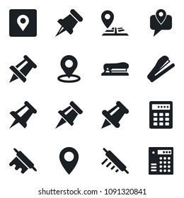 Set of vector isolated black icon - drawing pin vector, navigation, mobile tracking, paper, place tag, stapler, rolling, combination lock