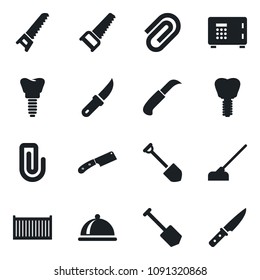 Set of vector isolated black icon - safe vector, job, saw, hoe, garden knife, implant, cargo container, paper clip, dish