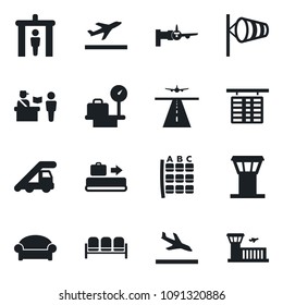 Set of vector isolated black icon - airport tower vector, runway, departure, arrival, baggage conveyor, passport control, security gate, waiting area, ladder car, wind, boarding, seat map, building