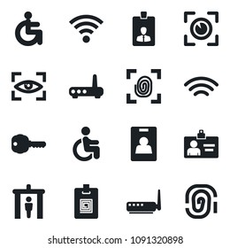 Set of vector isolated black icon - security gate vector, identity card, disabled, wireless, key, fingerprint, router, eye scan