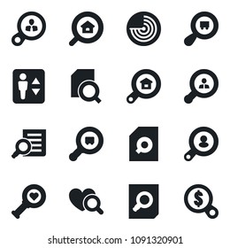 Set of vector isolated black icon - elevator vector, radar, document search, heart diagnostic, cargo, estate, client, consumer, money