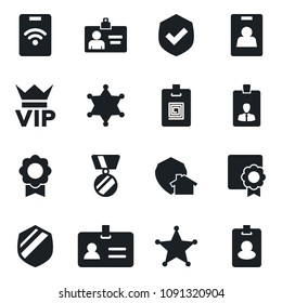 Set of vector isolated black icon - vip vector, identity, card, medal, shield, sertificate, home protect, police, pass